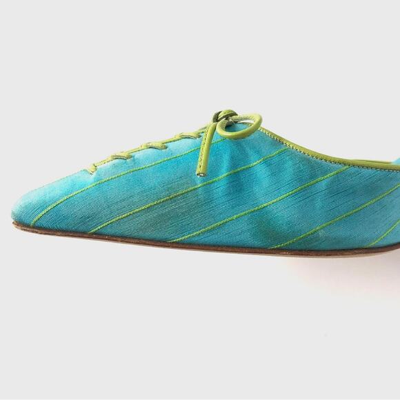 Vintage Manolo Blahnik Bow Lace Up Pinstripe Pointed Toe 39 - Picture 6 of 8